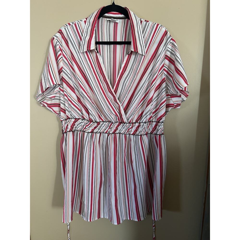 Motherhood Maternity Short Sleeve Collared Blouse 3X Striped Ties White Pink